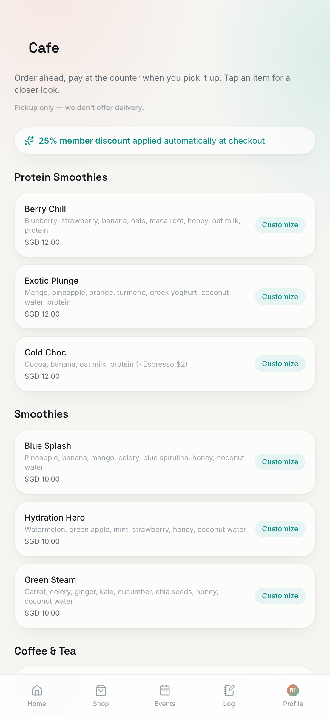 Sochill app cafe menu with the member discount applied