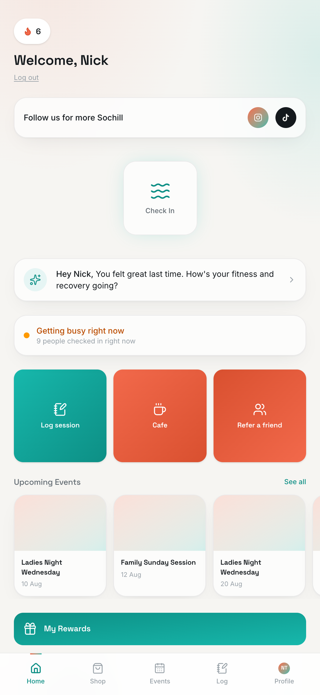 Sochill app home screen with the check-in button and streak