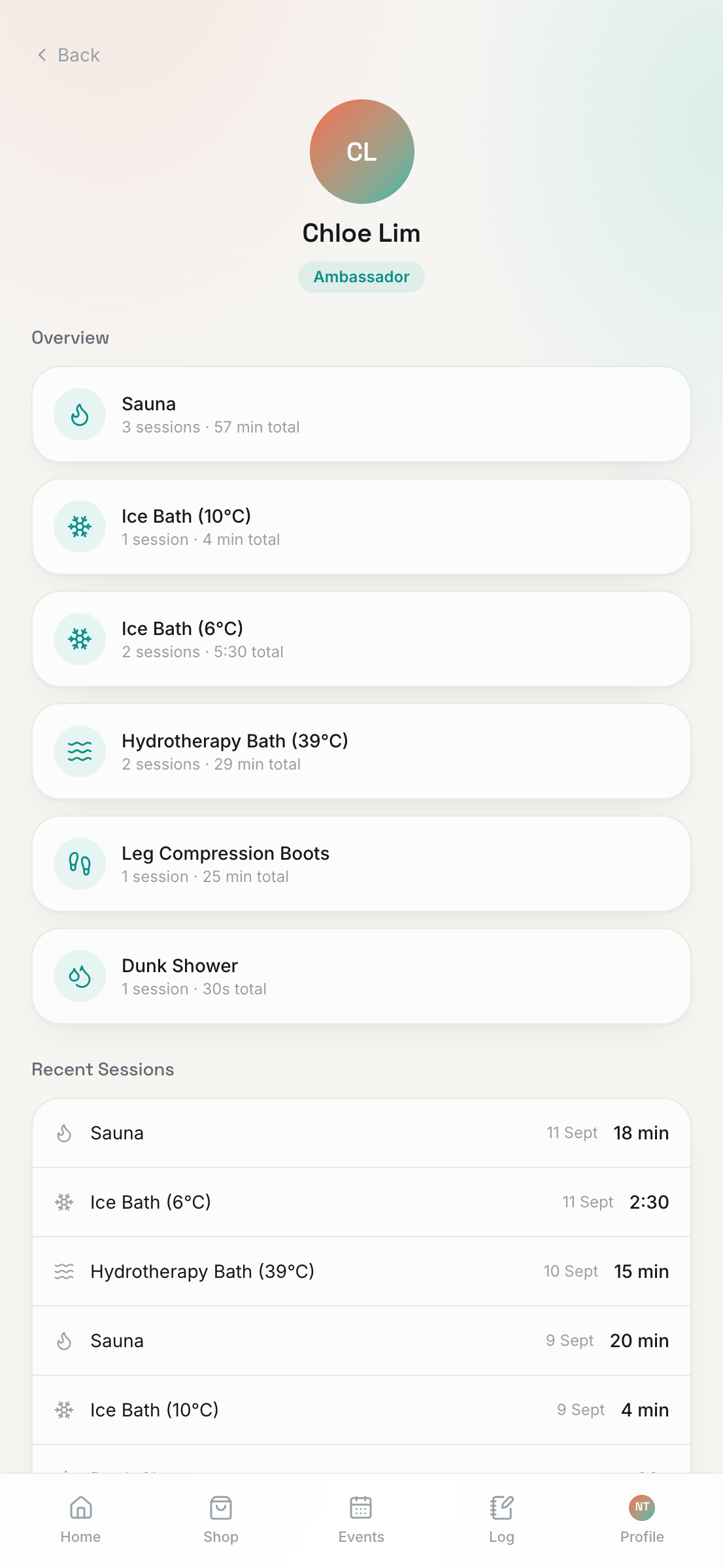 Sochill app ambassador profile with their sessions by facility