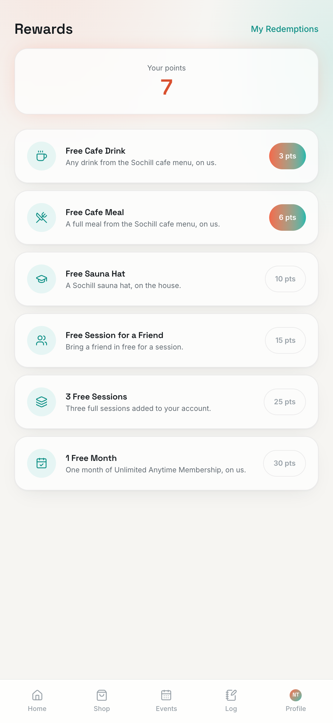 Sochill app rewards screen with points and redeemable rewards