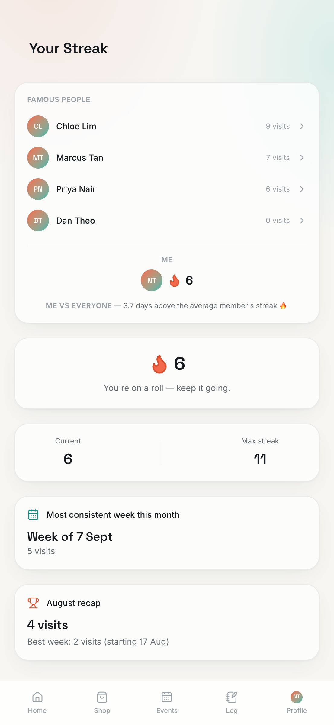 Sochill app streak screen with best week and comparison
