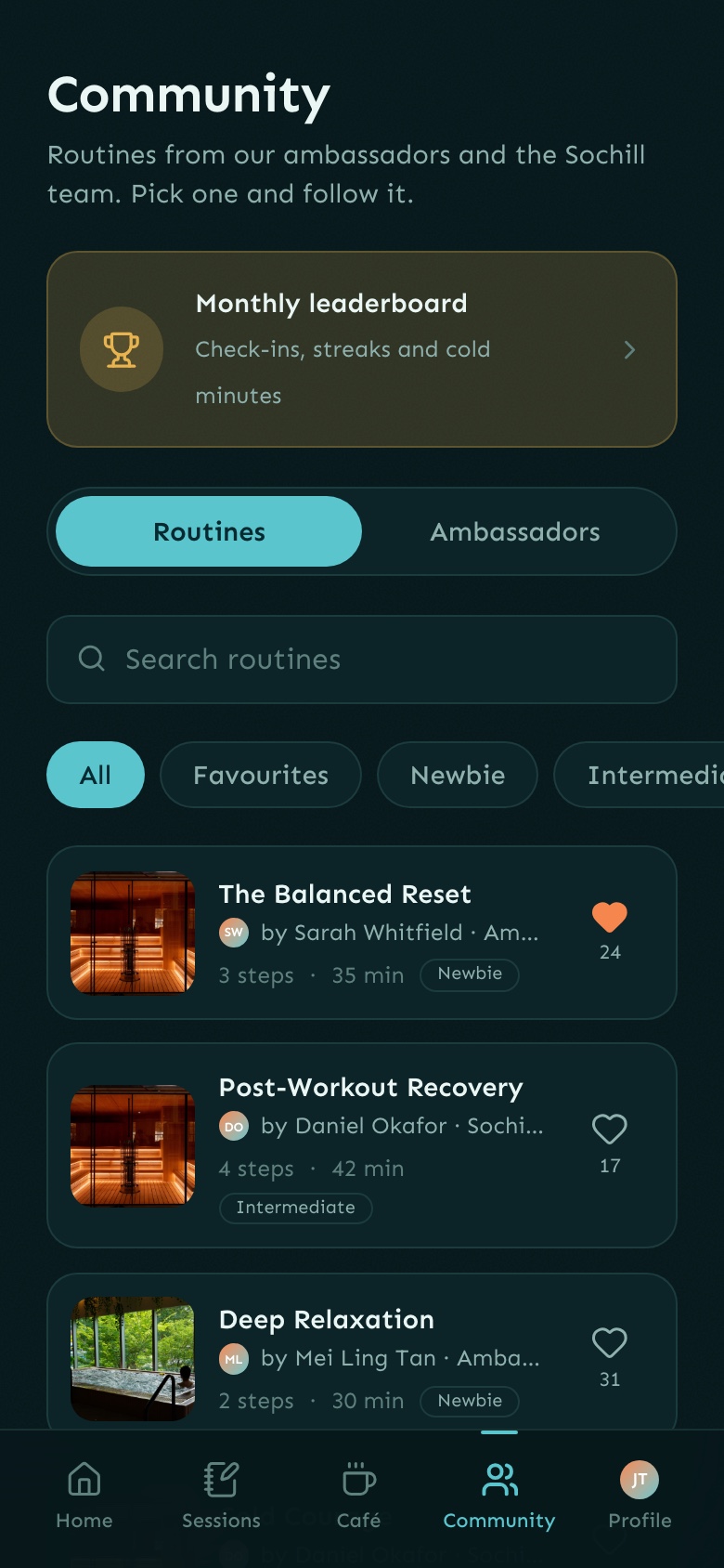 Sochill app community tab with routines shared by ambassadors and the team