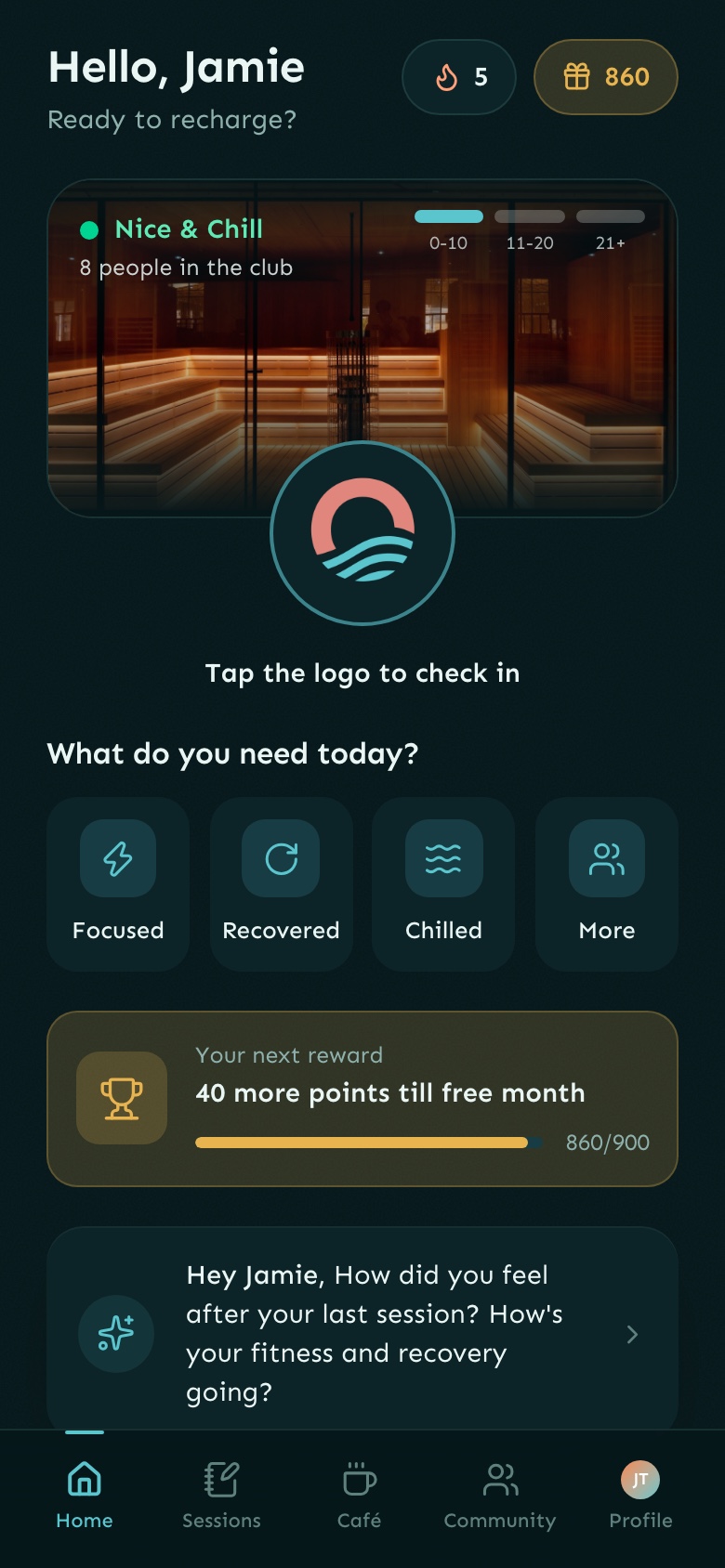 Sochill app home screen with the tap-to-check-in logo and next reward