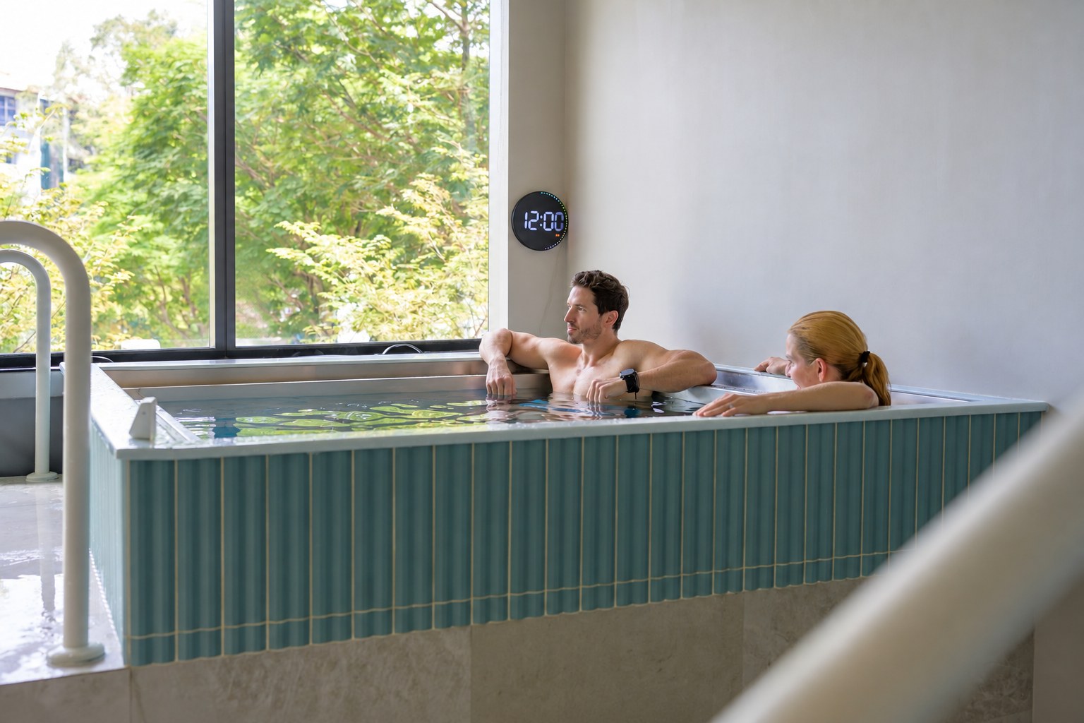 A couple relaxing together in the cold plunge