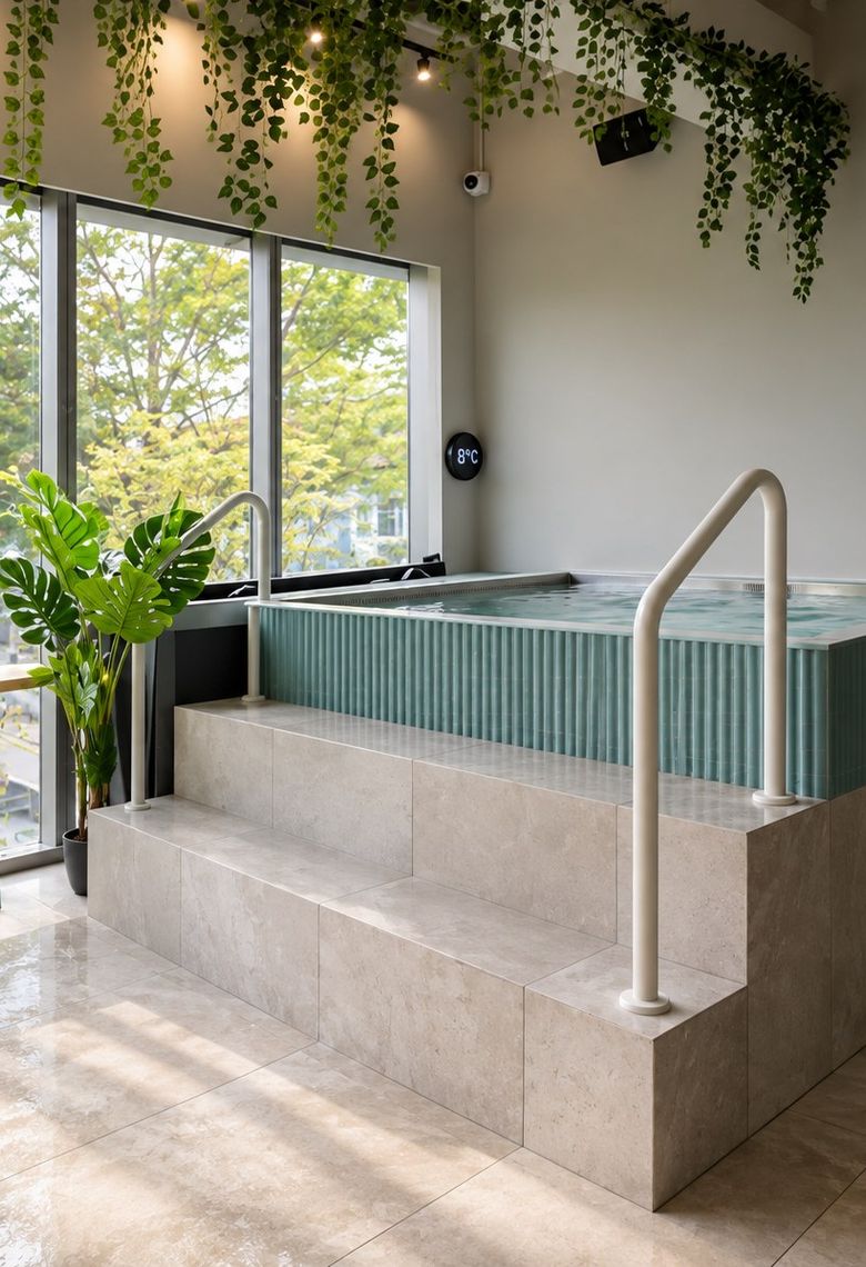 The cold plunge, floor-to-ceiling windows looking out onto greenery