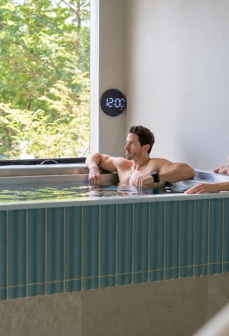 A couple relaxing together in the cold plunge